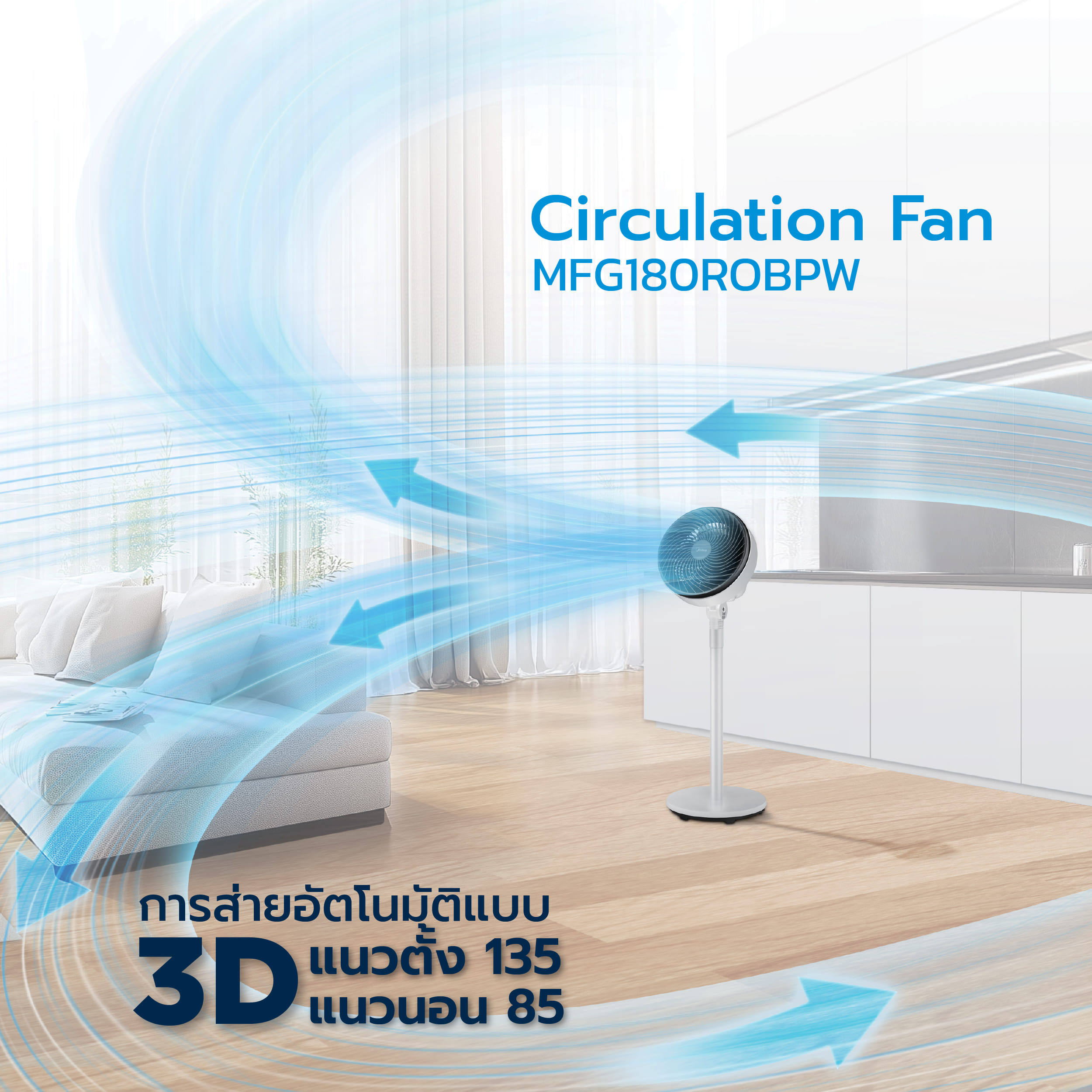 พัดลมตั้งพื้น MIDEA รุ่น MFG180R0BPW สีขาว (สำหรับหมุนเวียนอากาศ) รับประกัน 3 ปี_6